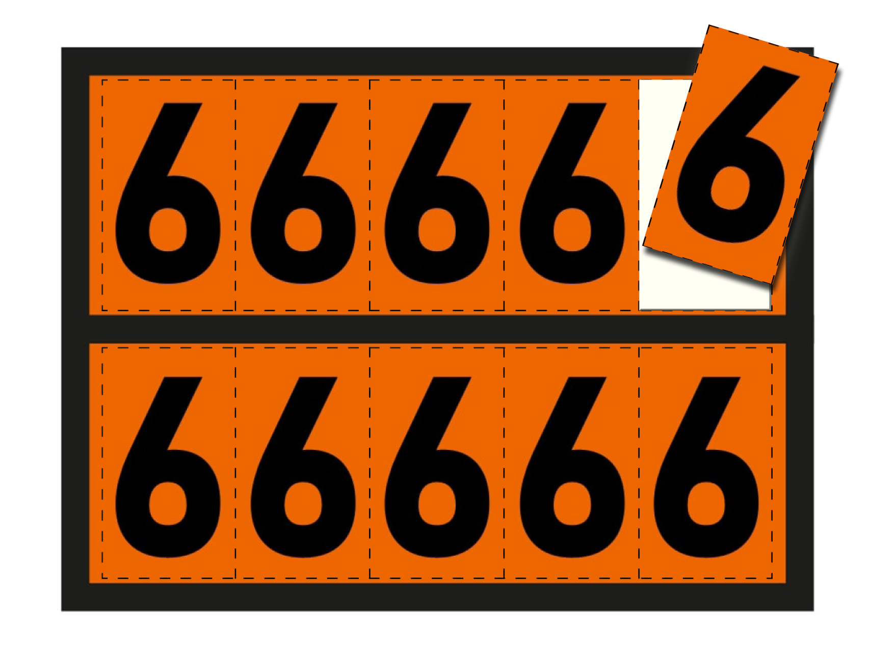 Ziffer für orange Warntafel - "6", 125x73mm Etikett, 10 Stück pro Blatt
