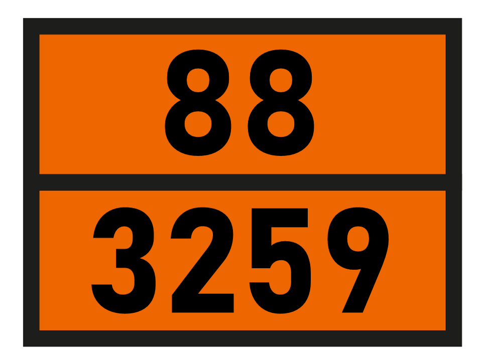 Gefahrgutetikett Orange Warntafel, 88/3259 - AMINES, SOLID, CORROSIVE, N.O.S.
or POLYAMINES, SOLID, CORROSIVE,
N.O.S. im Format 400x300mm, gem. ADR online bestellen. 24h Express - BOXLAB Services
