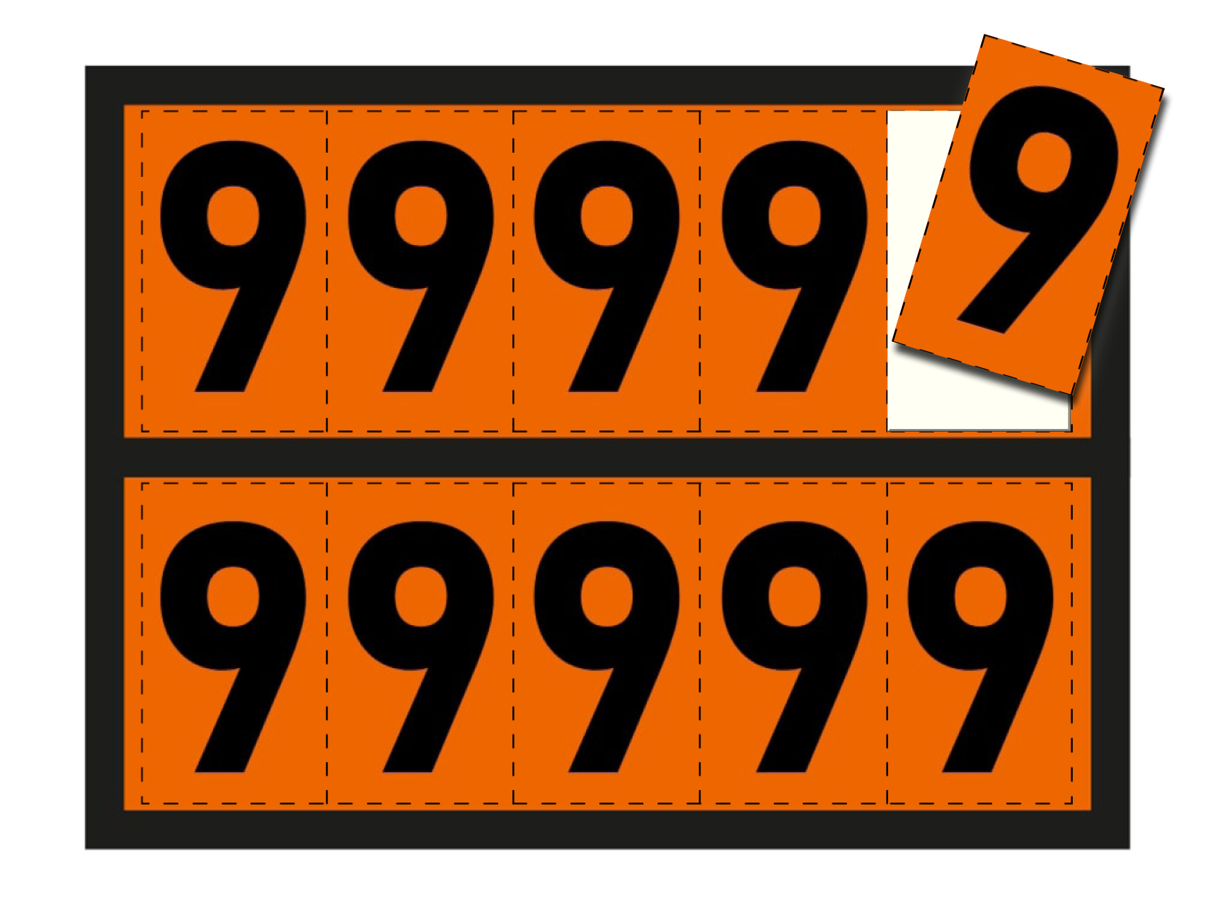 Ziffer für orange Warntafel - "9", 125x73mm Etikett, 10 Stück pro Blatt